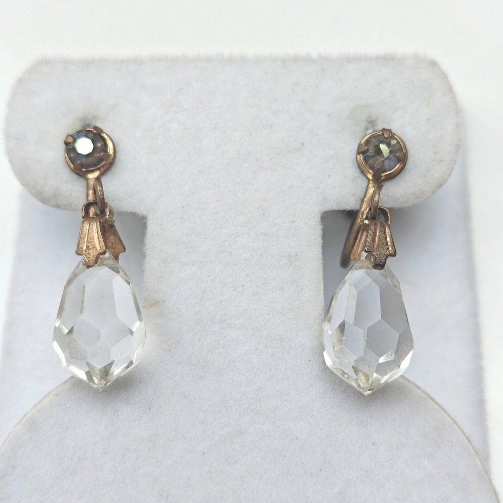 Vintage Clear Glass Teardrop Screw Back Earrings AB Rhinestone Brass Tone Drop